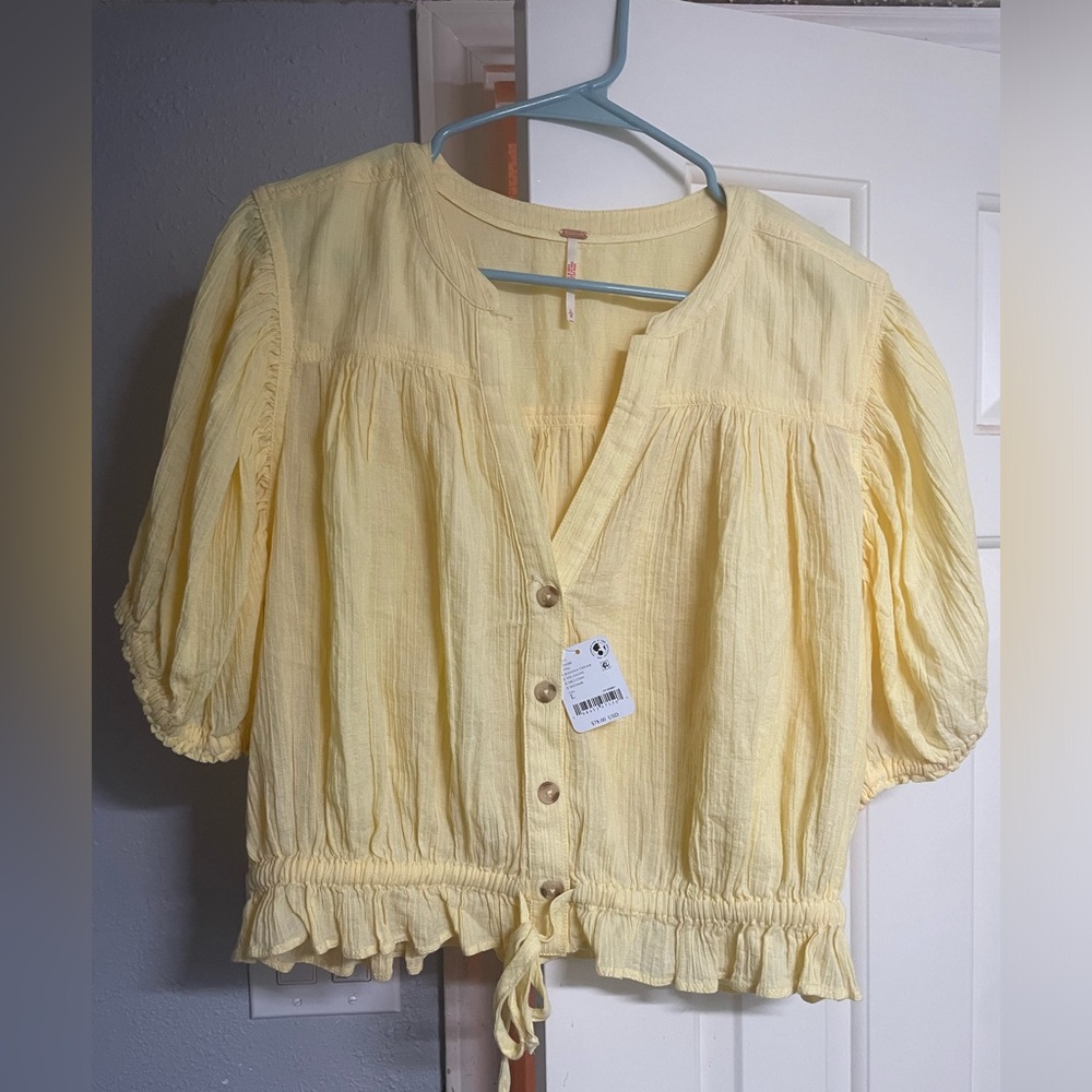 Free People Yellow Puff Sleeve Blouse with Ruffled Tie Front - Picture 3 of 7